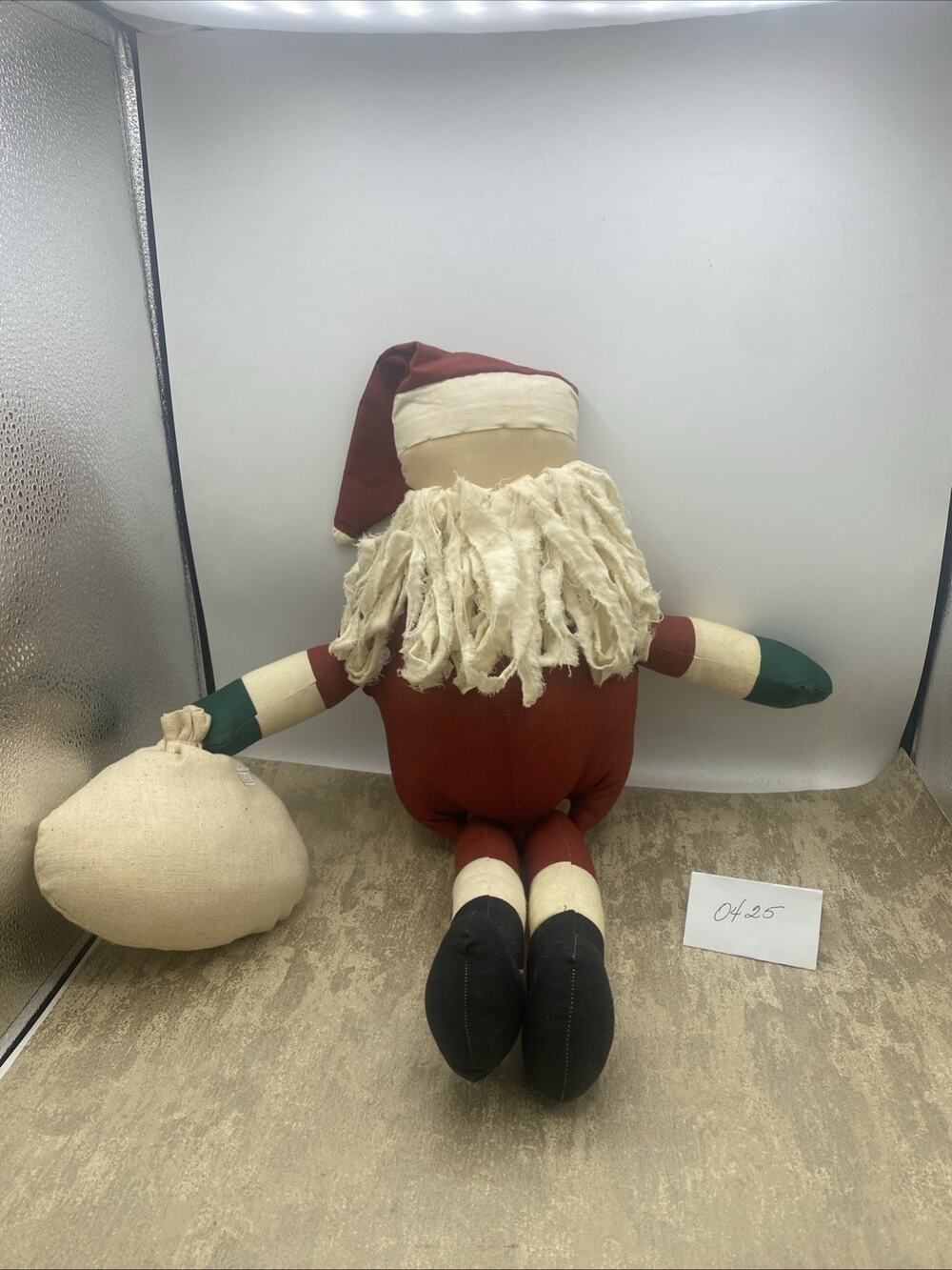 Large 22” Tall Handmade Fabric Jointed SANTA CLAUS With Bag